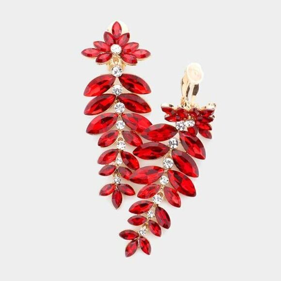 Marquise Red Colored Stone Vine Evening Gold Clip on Earrings - Picture 4 of 6